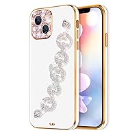 Bonitec Compatible with iPhone 14 Plus Case White Bracelet 3D Glitter Sparkle Bling Strap Luxury Shiny Crystal Rhinestone Diamond Silver Chain Protective Cover for Ladys, Girls and Women