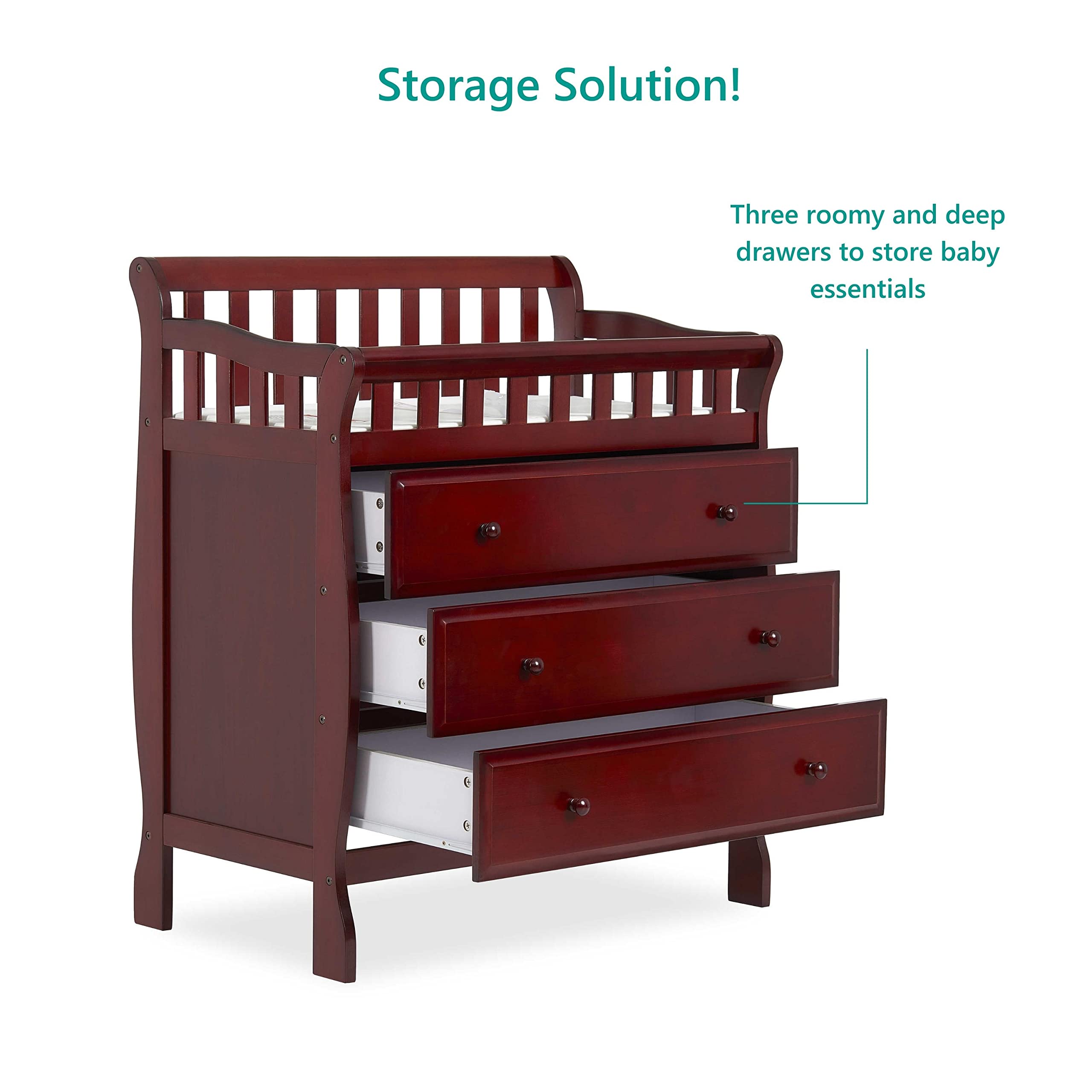 Dream On Me Marcus Changing Table And Dresser In Cherry, Features 3 Spacious Drawers, Non-Toxic Finishes, Comes With 1
