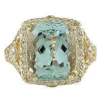 9.03 Carat Natural Blue Aquamarine and Diamond (F-G Color, VS1-VS2 Clarity) 14K Yellow Gold Cocktail Ring for Women Exclusively Handcrafted in USA