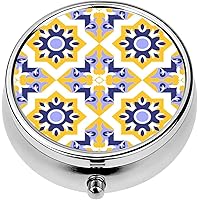 Mini Portable Pill Case Box for Purse Vitamin Medicine Metal Small Cute Travel Pill Organizer Container Holder Pocket Pharmacy Ornamental Tile Blue Yellow and White Colors