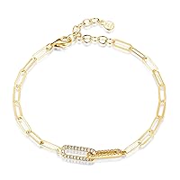 Amazon Collection 18 Karat Yellow Gold Over Sterling Silver Oblong Link Paperclip Bracelet with Cubic Zirconia Accent, 6 3/4 Inch with 1 1/14 Inch Extender