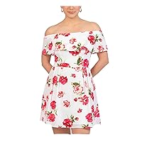 B Darlin Womens White Zippered Pleated Floral Short Sleeve Off Shoulder Short A-Line Dress Juniors 9