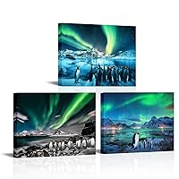 FuShvre - 3 Piece Aurora Borealis Wall Art Penguin Pictures Prints on Canvas Green Aurora Painting for Kids Bedroom Bathroom Wall Decor Framed 12
