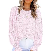 Dokotoo Floral Print Blouses for Women Crewneck Smocked Puff Sleeve Shirts Casual Babydoll Tops