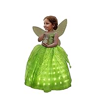Light Up Girls Halloween Costume Toddler Fairy Dress & Wings Green Fairy Girls Costume Princess Ball Gown Kids