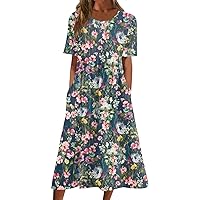 Fathers Day Wedding Fun Dress Ladies Plus Size Short Sleeve Printed with Pockets Tunic Dress for Women Soft Grey 3XL