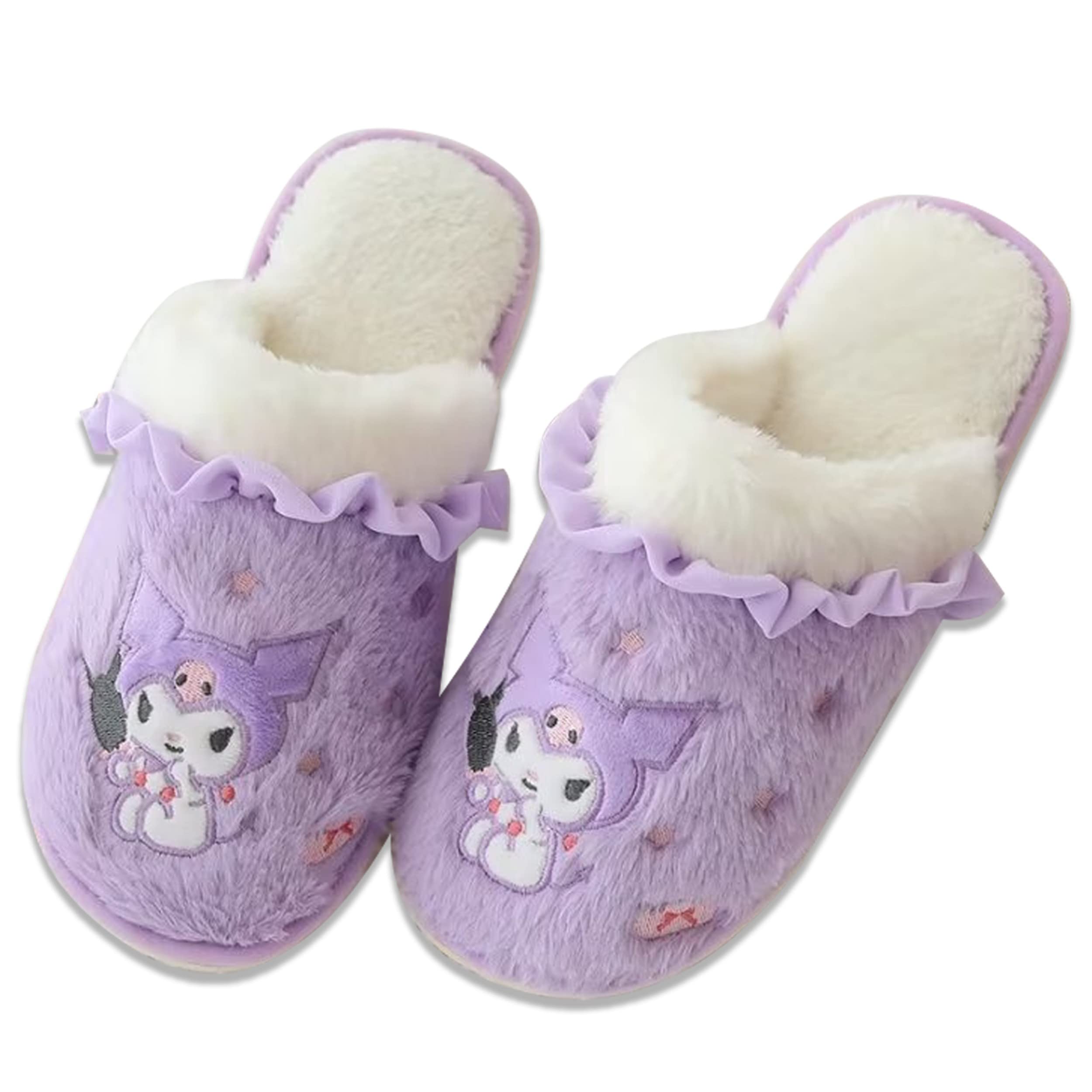 Roffatide Anime Cute Plush Open Back Floor Slippers Indoor Shoes Fuzzy Slippers with Rubber Sole for Women