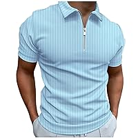 Mens Polo Shirts Casual Stylish Zipper Solid Color Short Sleeve Striped Turn Down Collar Shirt Fashion Slim Fit Tops