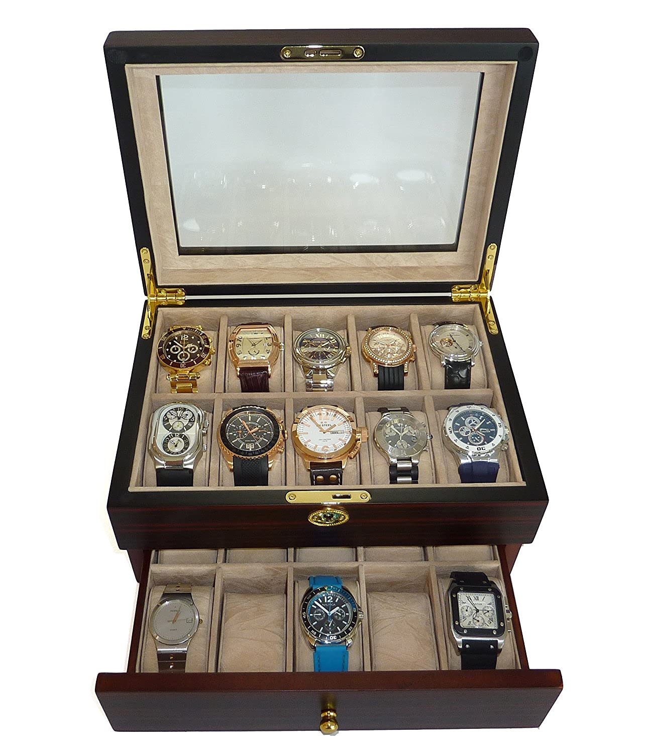 TIMELYBUYS Personalized 20 Piece Ebony Walnut Wood Watch Display Case and Storage Organizer Jewelry Box
