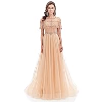 Women's A-Line Beaded Sequins Sweep-Train Tulle Evening Dress