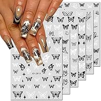 6 Sheets Butterfly Nail Art Stickers Decals,3D Butterfly Nail Stickers for Nail Art,Black White Butterflies Star Designer Nail Sticker for Women DIY Butterfly Charm Nails Designs Decorations Supplies