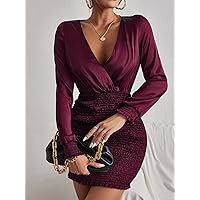 Women's Dress Dresses for Women Surplice Neck Shirred Frill Trim Bodycon Dress Dresses for Women (Color : Maroon, Size : Small)