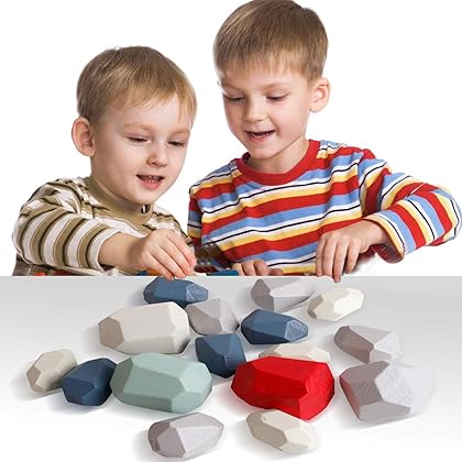 16 PCs Wooden Rocks Sorting Stacking Balancing Stones Educational Preschool Learning Toys Small Building Blocks Game Stones Lightweight Puzzle Set for Kids 3 Years Old Up