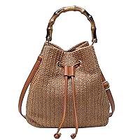 Straw Drawstring Bucket Bag Summer Crochet Tote Purse Pu Leather Strap Crossbody Shoulder Bag