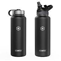 ICEWATER Sports Water Bottle - 32 Oz, 2 Lids (Straw Lid), Stainless Steel, Double Walled Vacuum, Wide Mouth, Leak Proof (40 Oz, Black)