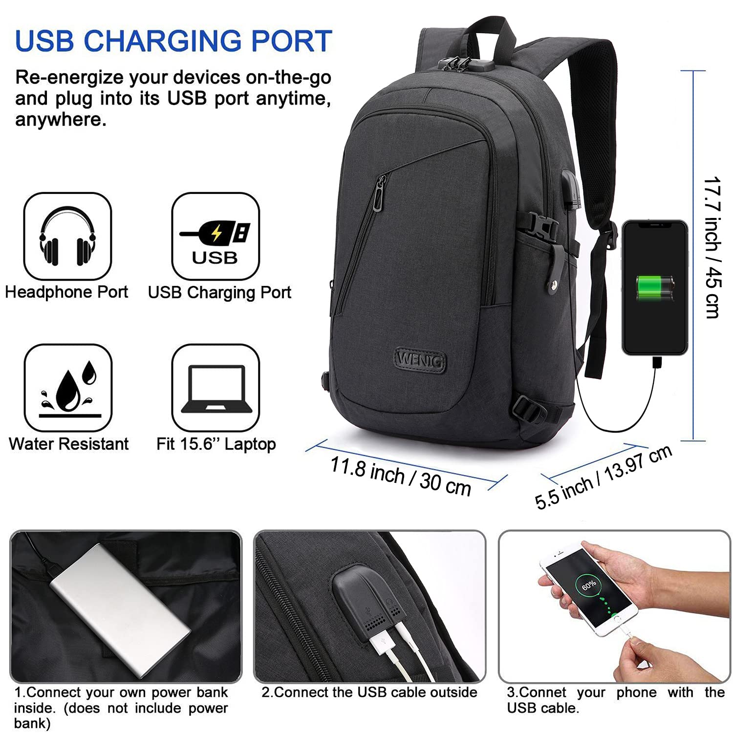 Travel Laptop Backpack,Anti Theft Business Slim Laptop Backpack with USB Charging Port Lock,Durable Water Resistant Work Computer Bag for Laptop College Bookbags Fits 15.6 Inch Laptop Notebook,Black