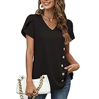 Womens Tops Petal Short Sleeve V Neck Casual Summer 2023 Trendy Shirts Tshirts Fashion Blouses Button
