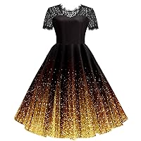 Women's Lace Patchwork Short Sleeve Vintage 1950's Rockabilly Swing Prom Party Cocktail Dress A-Line Flared Dresses