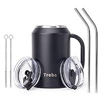 Trebo 32 oz Stainless Steel Mug Tumbler with Handle, Vacuum Insulated Metal Iced Coffee Cup with Lids and Straws,Reusable Water Bottle Flask Jug Keeps Drinks Cold up to 36 Hrs,Sweat Proof,Black