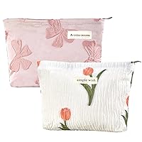 Floral Makeup Bag Small Tulip Pouch Set of 2 Travel Quilted Organizer Mothers Day Gift Canvas Zipper Travel Essentials for Women