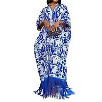 Vakkest Womens Sexy Boho African Dress Casual Floral Print Clubwear Party Outfits Maxi Dresses V Neck Loose Fit Tassel Hem