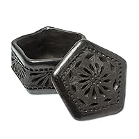 NOVICA Handmade Ceramic Decorative Box Mexican Barro Negro Black Accessories Floral [3.1in H x 4.3in W x 4.1in D] 'Floral Pentagon'