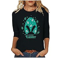 Happy Easter Shirts for Women Cute Summer Casual 3/4 Sleeve Crew Neck Tops Easter Bunny Ears Eggs Graphic Print Blouses
