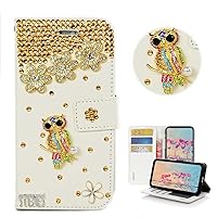 STENES Bling Wallet Phone Case Compatible with iPhone 15 Plus - Stylish - 3D Handmade Pretty Night Owl Floral Design Leather Girls Women Cover with Neck Strap Lanyard [3 Pack] - Gold