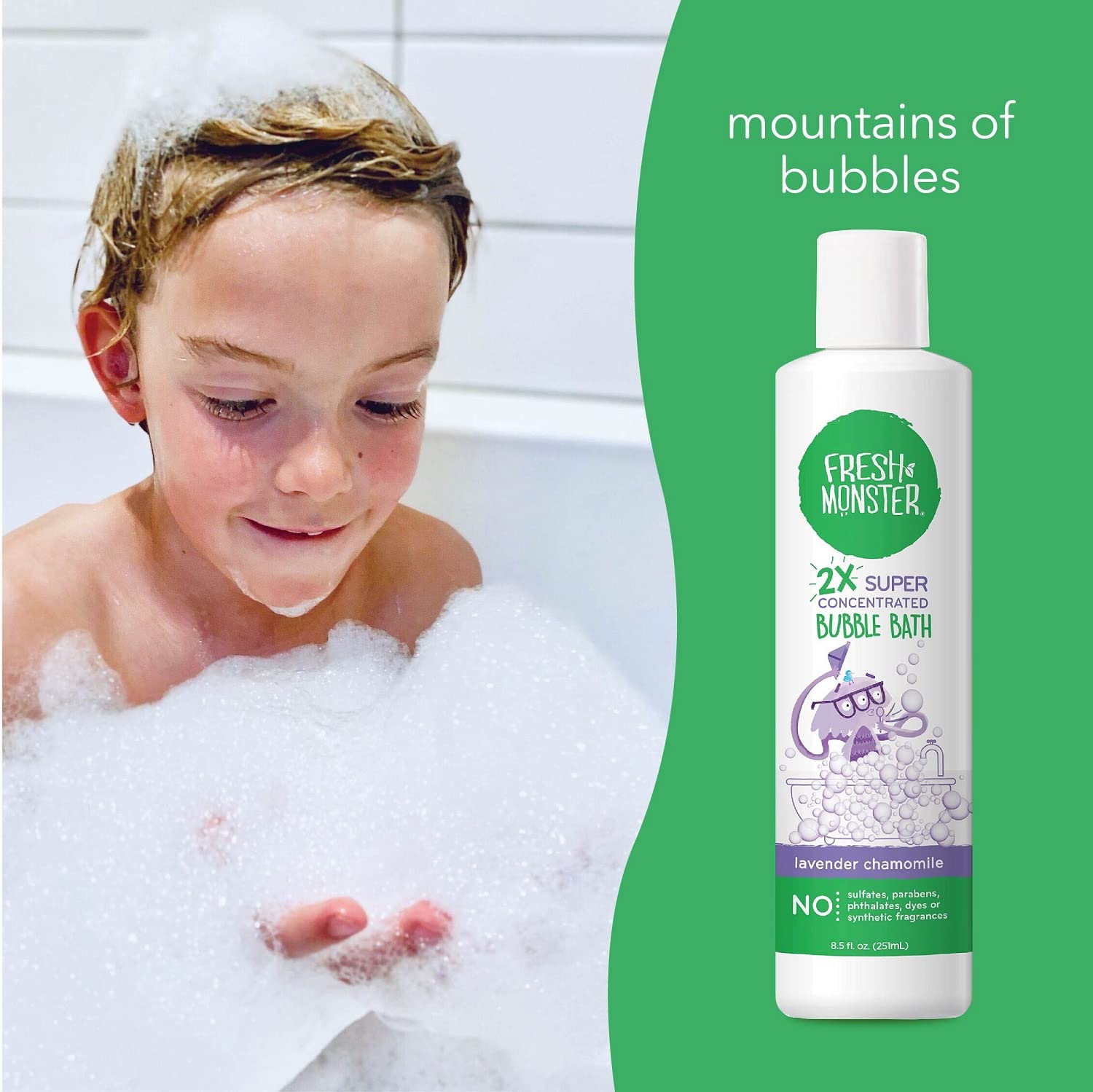 Fresh Monster Kids Bubble Bath, 2X Super Concentrated Bubble Bath for Kids, Hypoallergenic, Calming Lavender (1 Count, 8.5oz)