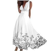 Lenago Spring Dresses for Women 2024 Summer Sleeveless Elegant Wrap V Neck Maxi Dress Floral Print Flowy Beach Sundresses