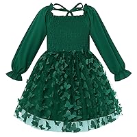 Idgreatim Little Girls Butterfly Tulle Dress Long Sleeve Square Neck Layered Dresses for Casual Party 2-6 Years Old