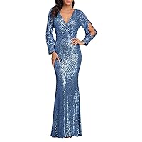 Ladies Sexy Sequin Wrap Dress Deep V Neck Long Sleeve Ruched Bodycon Cocktail Dress Party Night Club Formal Maxi Dresses