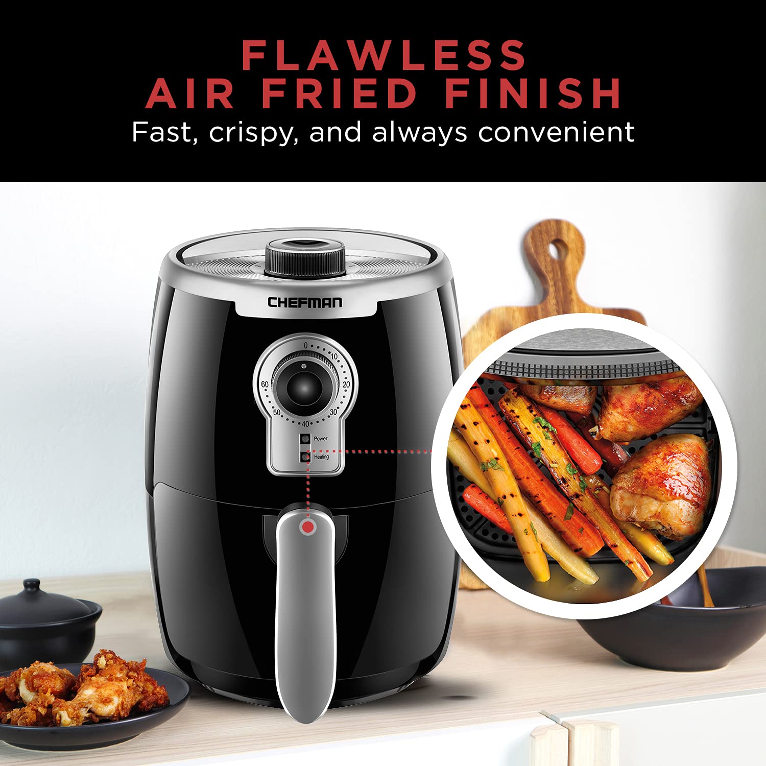 Chefman Small Compact Air Fryer Healthy Cooking, 2 Qt Nonstick, User Friendly and Adjustable Temperature Control w/ 60 Minute Timer & Auto Shutoff, Dishwasher Safe Basket, BPA-Free, 2 Quart, Black