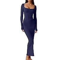 QINSEN Women's Long Maxi Dress Square Neck Long Sleeve Ribbed Bodycon Lounge Dresses