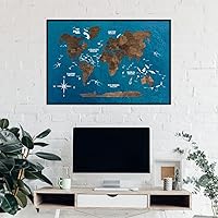 ENJOY THE WOOD Framed World Map Wall Art Wood Travel Decor 3D World Map On Board Wall Rustic Decoration Housewarming Gift (Large, Board, Dark Walnut)