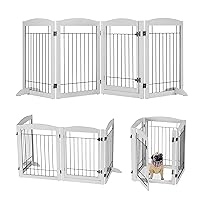 Freestanding Pet Gate with Door, Foldable Wooden Indoor Dog Gate for House, Stairs,Doorways, Pet Puppy Safety Dog Fence, 32” Tall Pet Gate 4 Panels Fence with Feet Support