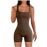 Seamless Romper for Women Ribbed Workout Yoga Jumpsuit Square Neck Bodycon Bodysuit One Piece Short Jumpsuits