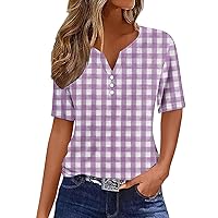 2024 Summer Womens Henley Tunic Tops Trendy Plaid Shirts Button Down T-Shirts Short Sleeve V-Neck Casual Blouses