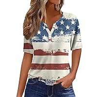 4Th of July Shirts Women,Women's Button Short Sleeve Shirt Flag Print Tee V-Neck Summer Ladies Top