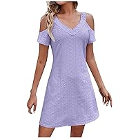 Loose Dress for Women V Neck Short Sleeves Solid Color Casual Flowy Summer Dresses Ruffle A Line Beach Mini Dress