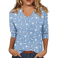 Business Casual Tops for Women, Women's V-Neck 3/4 Sleeve Printed Top Floral, S, 3XL