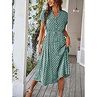 Dresses for Women - Polka Dot Drawstring Button Front Dress (Color : Green, Size : X-Large)