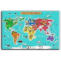 SZ HD Painting World Map Canvas Wall Art for Kids Room, Typical Animals on Continent Map of The World Canvas Prints for Children Education, Ready to Hang, 1