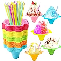 200Pcs 4oz Colorful Snow Cone Cups with Spoon Straws,Flower Shaped Ice Cream Snacks Cup Reusable Plastic Bowls Easy Grip for Kids Birthday Summer Holiday Party