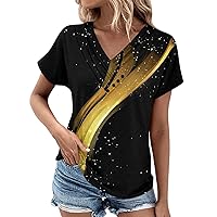 Womens Summer Tops 2024 Fashion Floral Pattern V-Neck Short Sleeve Comfy Oversized Tshirts