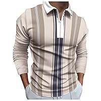 Men's Long Sleeve Polo Shirt Striped Collar Casual Slim Fit Cotton Polo T Shirts 1/4 Zipper Workout Tops