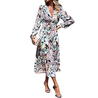 Women's Long Sleeve Boho Floral Maxi Dress V Neck Casual Long Dress, Spring Summer Dresses for Women 2024