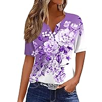 Tops for Women Trendy T Shirt Tee Print Button Short Sleeve Daily Fashion Basic V- Neck Regular Top