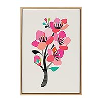 Sylvie Mid Century Modern Cherry Blossoms Framed Canvas Wall Art by Rachel Lee of My Dream Wall, 23x33 Natural, Colorful Floral Art for Wall
