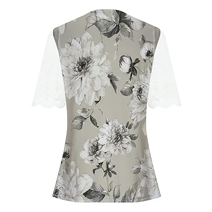 Short Sleeve Shirts for Women Trendy Lace Short Sleeve Blouse Tops Vneck Flower Print Flowy Hem Tunic Cloth Tees